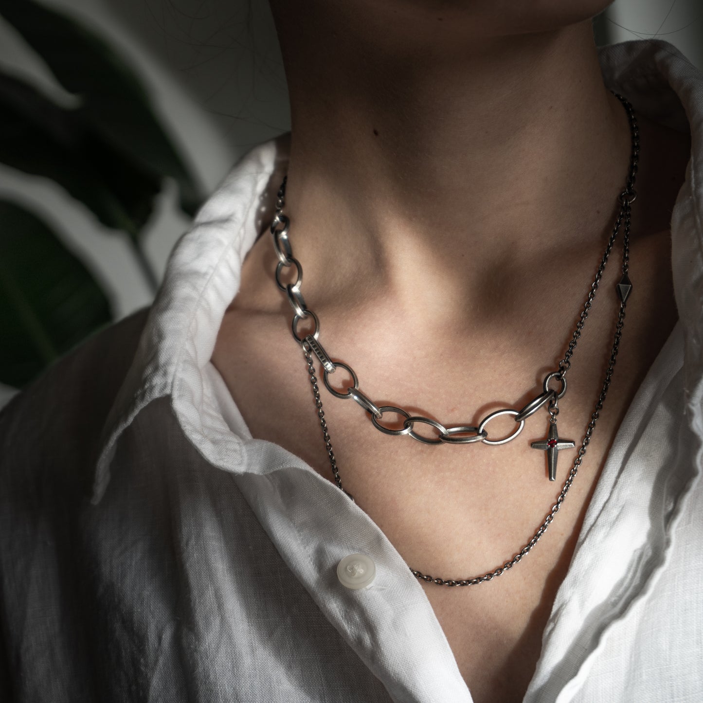 Combined Chains Necklace with Cross [CH026-00PA]