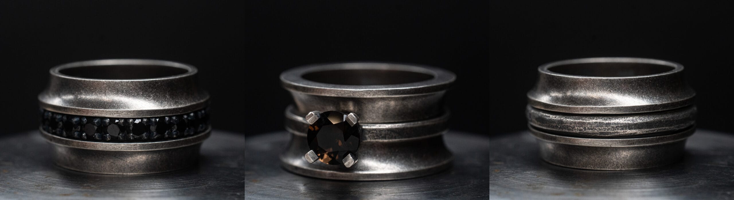 Modular silver rings by CROSS ELEMENTS with slack spinel an smoky quartz inserts