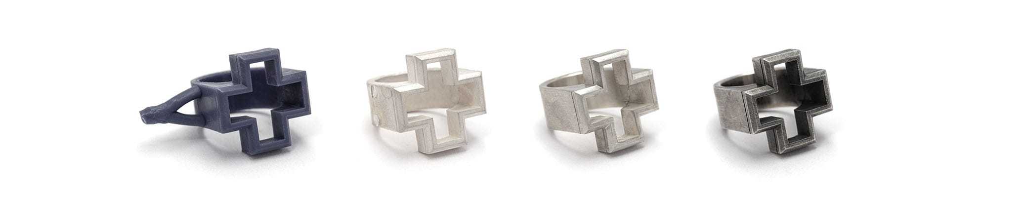 Silver ring manufacturing steps illustrated from wax model to finished product by CROSS ELEMENTS