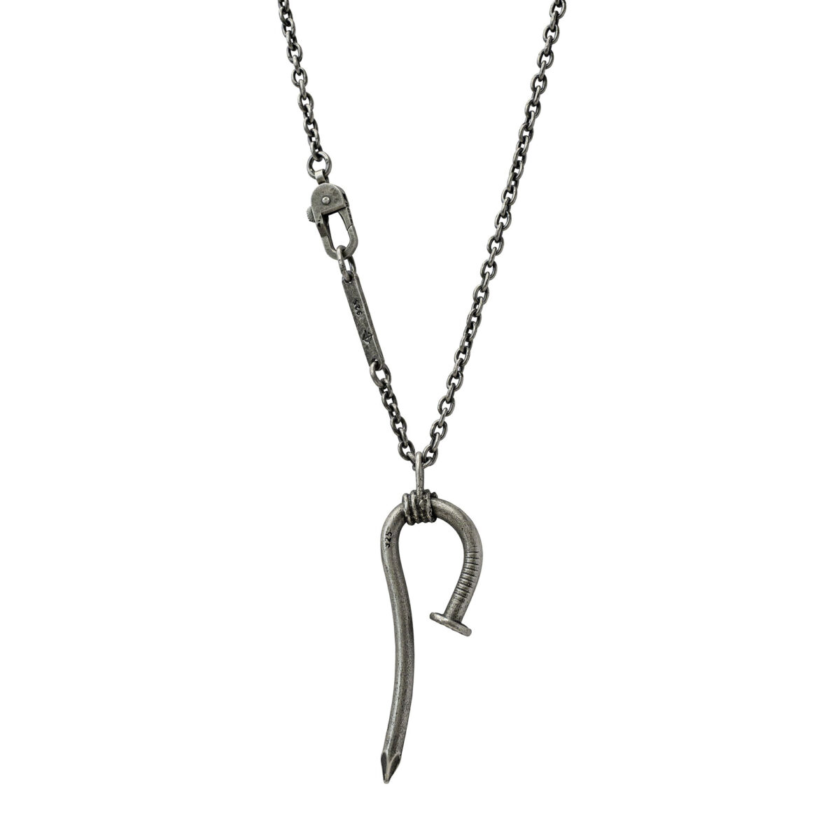 Bent nail silver pendant on a thick chain