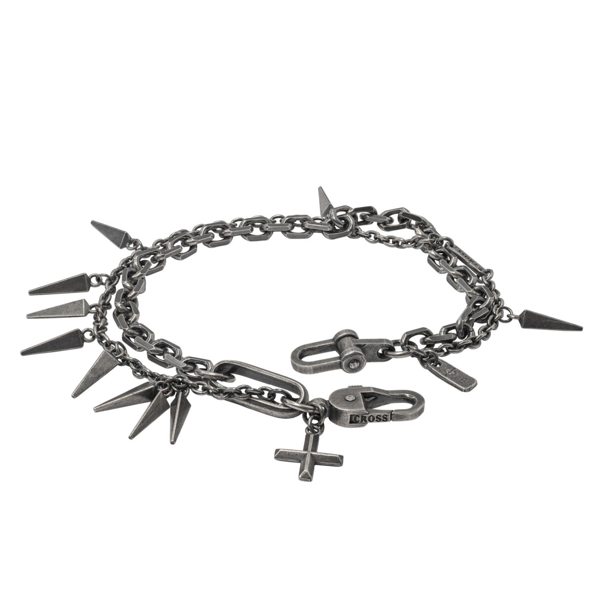 Spiked oxidized silver bracelet with cross